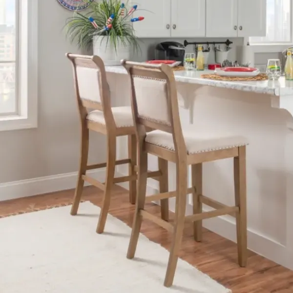 Bar Stools & Counter Height Stools-Kirkland's Home Natural Striped Upholstered Wood Frame Bar Stool Tan