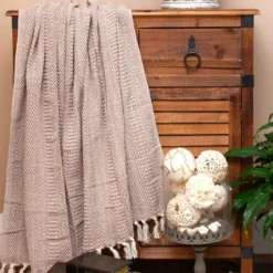 Blankets & Throws-Kirkland's Home Natural Striped Woven Tassel Throw Brown