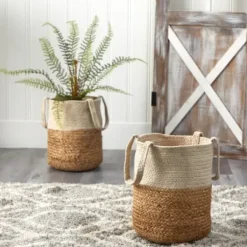 Baskets & Boxes-Kirkland's Home Natural Tan And White Jute Basket With Handles White/Tan