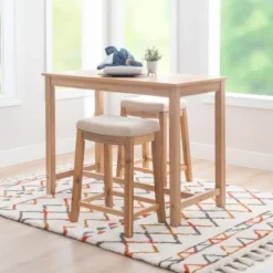 Dining Tables-Kirkland's Home Natural Wood & Upholstered Stools 3-Pc. Dining Set Tan