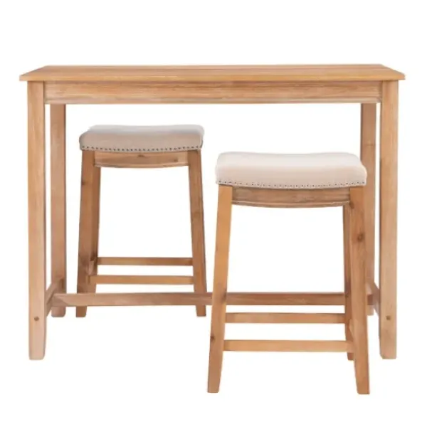 Dining Tables-Kirkland's Home Natural Wood & Upholstered Stools 3-Pc. Dining Set Tan