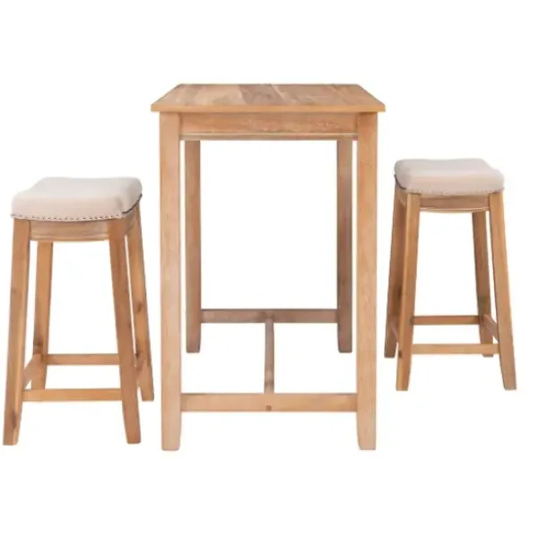 Dining Tables-Kirkland's Home Natural Wood & Upholstered Stools 3-Pc. Dining Set Tan