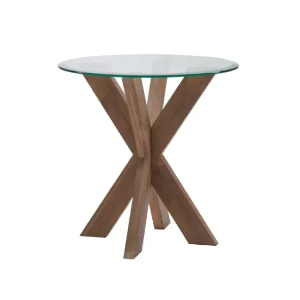 Accent & End Tables-Kirkland's Home Natural Wood And Glass Top X-Base Accent Table Tan