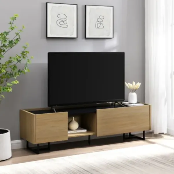 Tv Stands & Media Consoles-Kirkland's Home Natural Wood And Marble 2-Door Tv S D Tan