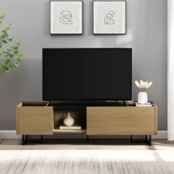 Tv Stands & Media Consoles-Kirkland's Home Natural Wood And Marble 2-Door Tv S D Tan