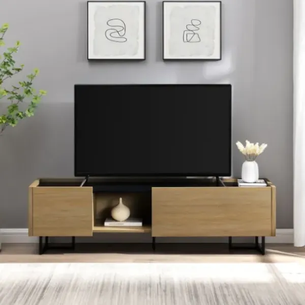 Tv Stands & Media Consoles-Kirkland's Home Natural Wood And Marble 2-Door Tv S D Tan