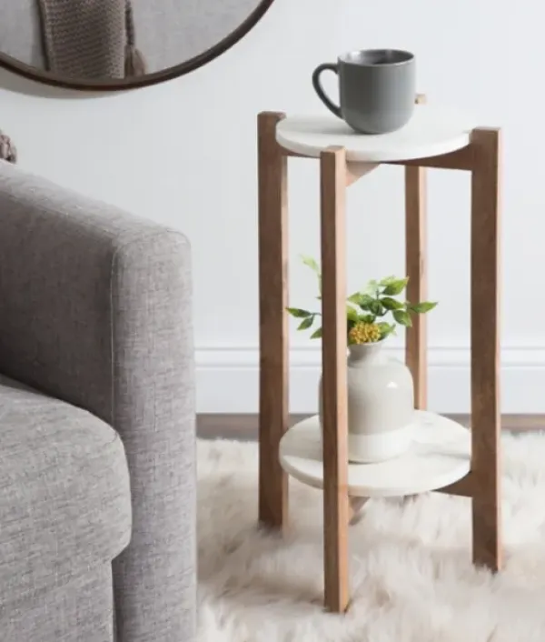 Accent & End Tables-Kirkland's Home Natural Wood And Marble Moxley Accent Table White/Tan