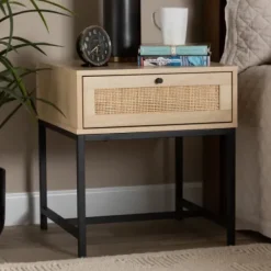 Nightstands-Kirkland's Home Natural Wood And Metal 1-Drawer Nights D Tan