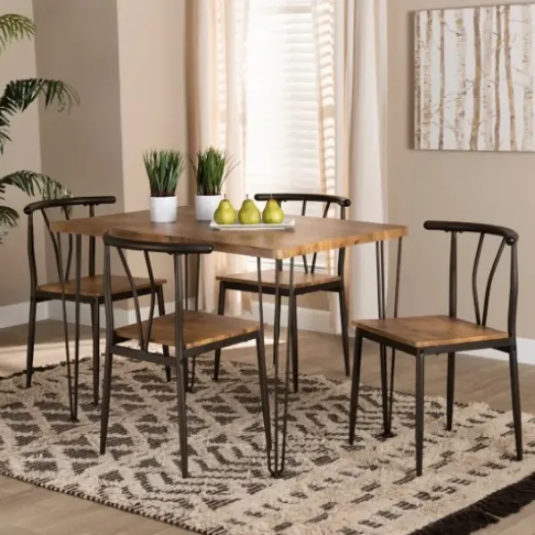Dining Tables-Kirkland's Home Natural Wood And Metal 5-Pc. Dining Set Brown/Black