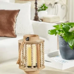 Lanterns-Kirkland's Home Natural Wood Beaded & Rope Handle Lantern Tan