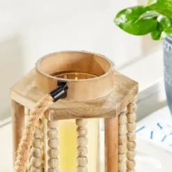 Lanterns-Kirkland's Home Natural Wood Beaded & Rope Handle Lantern Tan