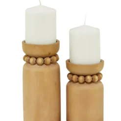 Candle Holders-Kirkland's Home Natural Wood Beaded Candle Holders, Set Of 2 Tan