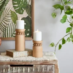 Candle Holders-Kirkland's Home Natural Wood Beaded Candle Holders, Set Of 2 Tan