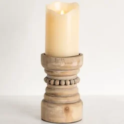 Candle Holders-Kirkland's Home Natural Wood Beaded Pillar Candle Holder, 8 In. Brown