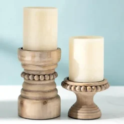Candle Holders-Kirkland's Home Natural Wood Beaded Pillar Candle Holder, 8 In. Brown