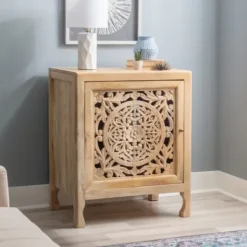 Cabinets & Sideboards-Kirkland's Home Natural Wood Carved Medallion Cabinet Tan