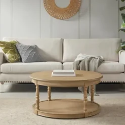 Coffee Tables-Kirkland's Home Natural Wood Finish Turned Leg Round Coffee Table