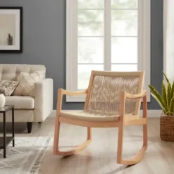 Accent Chairs-Kirkland's Home Natural Wood Modern Woven Rocking Chair Tan