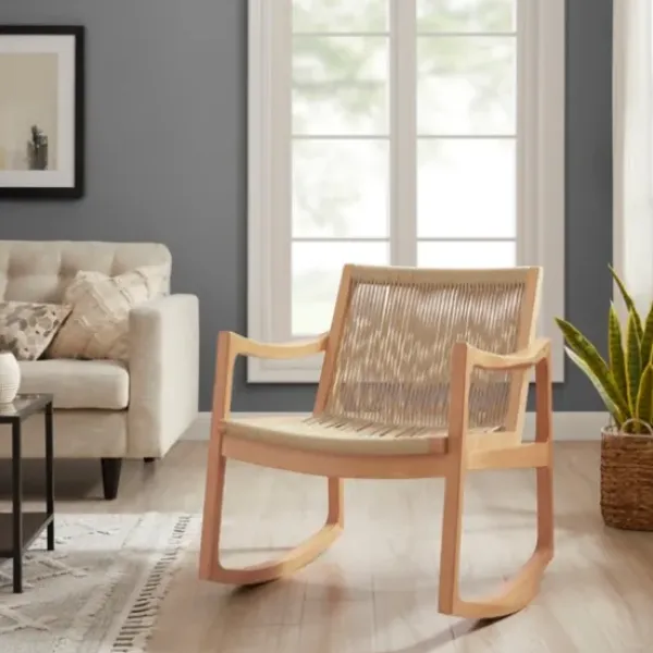 Accent Chairs-Kirkland's Home Natural Wood Modern Woven Rocking Chair Tan