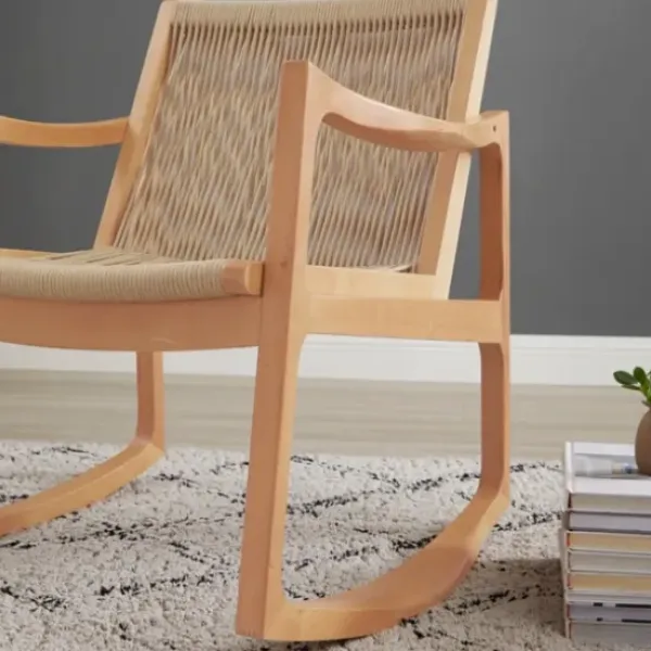 Accent Chairs-Kirkland's Home Natural Wood Modern Woven Rocking Chair Tan