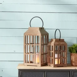 Lanterns-Kirkland's Home Natural Wood Windowpane Lantern, 17 In. Tan