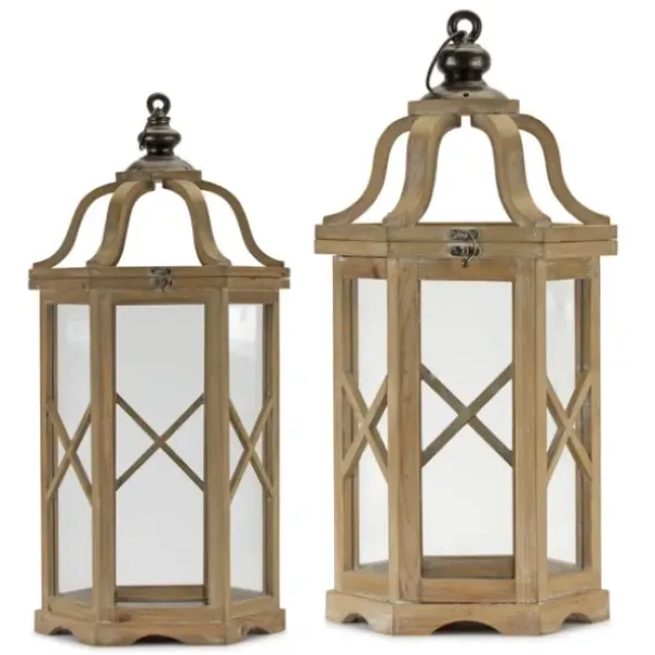 Lanterns-Kirkland's Home Natural Wood X-Frame Lanterns, Set Of 2 Tan