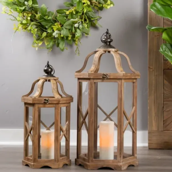 Lanterns-Kirkland's Home Natural Wood X-Frame Lanterns, Set Of 2 Tan