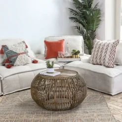 Coffee Tables-Kirkland's Home Natural Woven Rat Round Coffee Table Tan