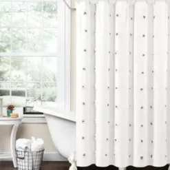 Shower Curtains-Kirkland's Home Navy And White Button Accent Linen Shower Curtain Blue