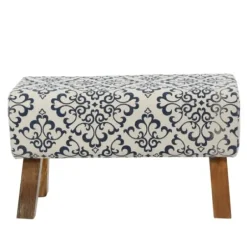 Benches & Ottomans-Kirkland's Home Navy And White Upholstered Scroll Bench Blue/White