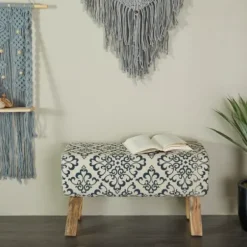 Benches & Ottomans-Kirkland's Home Navy And White Upholstered Scroll Bench Blue/White