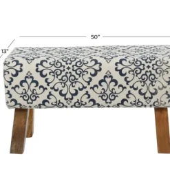 Benches & Ottomans-Kirkland's Home Navy And White Upholstered Scroll Bench Blue/White
