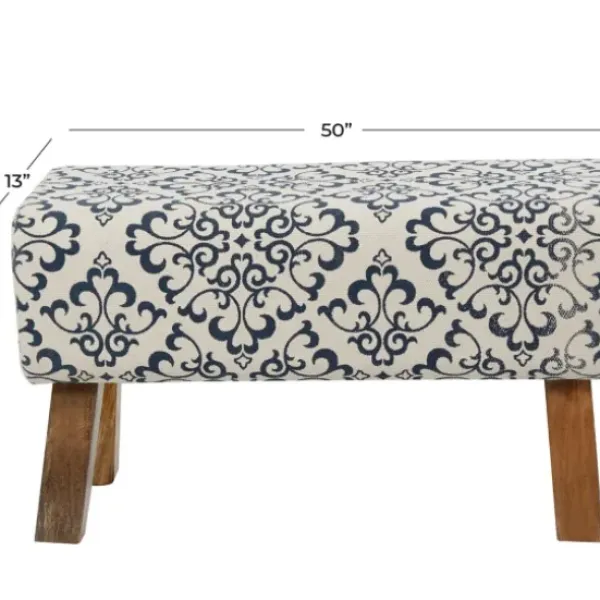 Benches & Ottomans-Kirkland's Home Navy And White Upholstered Scroll Bench Blue/White