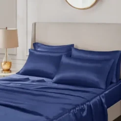 Bed Sheets-Kirkland's Home Navy Blue Satin 6-Pc. California King Sheet Set Gray