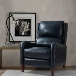 Accent Chairs-Kirkland's Home Navy Leather Nailhead Traditional Recliner Blue