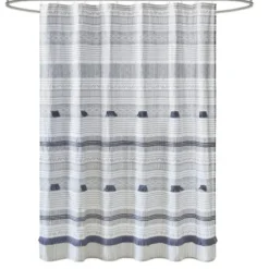 Shower Curtains-Kirkland's Home Navy Melora Tasseled Border Shower Curtain Blue/White