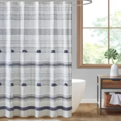 Shower Curtains-Kirkland's Home Navy Melora Tasseled Border Shower Curtain Blue/White