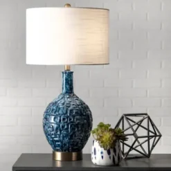 Table Lamps-Kirkland's Home Navy Mod Square Pattern Table Lamp White