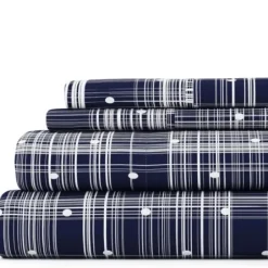 Bed Sheets-Kirkland's Home Navy Plaid Polka Dot 3-Pc. Twin Sheet Set Blue