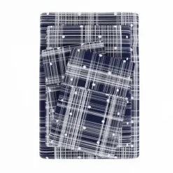 Bed Sheets-Kirkland's Home Navy Plaid Polka Dot 3-Pc. Twin Sheet Set Blue
