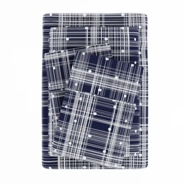 Bed Sheets-Kirkland's Home Navy Plaid Polka Dot 3-Pc. Twin Sheet Set Blue