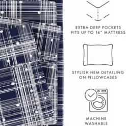 Bed Sheets-Kirkland's Home Navy Plaid Polka Dot 3-Pc. Twin Sheet Set Blue