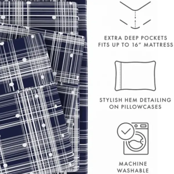 Bed Sheets-Kirkland's Home Navy Plaid Polka Dot 3-Pc. Twin Sheet Set Blue