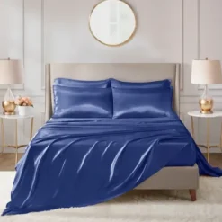 Bed Sheets-Kirkland's Home Navy Satin 6-Pc. Full Sheet Set Blue