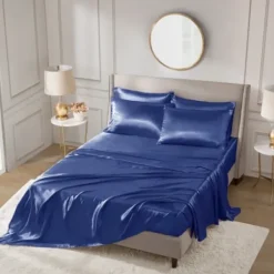 Bed Sheets-Kirkland's Home Navy Satin 6-Pc. Queen Sheet Set Blue