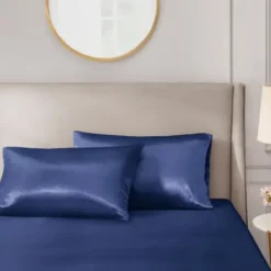 Bed Sheets-Kirkland's Home Navy Satin Standard 2-Pc. Pillow Case Set Blue
