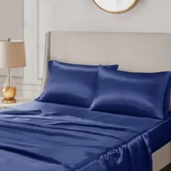 Bed Sheets-Kirkland's Home Navy Satin Standard 2-Pc. Pillow Case Set Blue