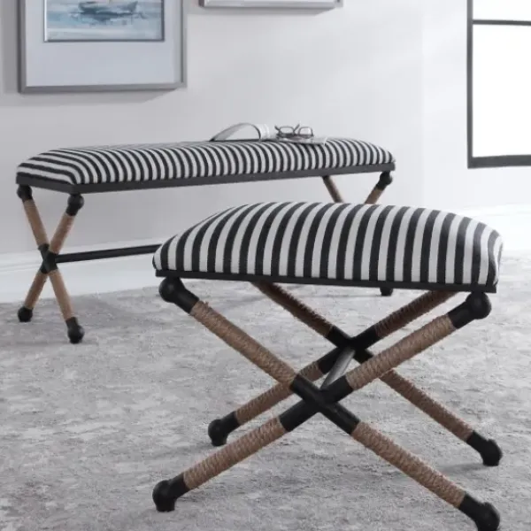 Benches & Ottomans-Kirkland's Home Navy Striped Seat And Black Metal Ottoman Blue/Ivory