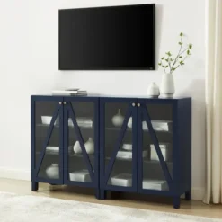 Tv Stands & Media Consoles-Kirkland's Home Navy Triangle 4-Door Wood Media Cabinet Blue