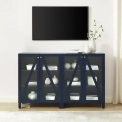 Tv Stands & Media Consoles-Kirkland's Home Navy Triangle 4-Door Wood Media Cabinet Blue
